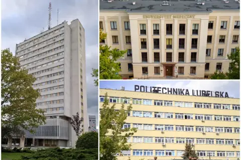 Trzy budynki uczelni w Lublinie: wysoki wieżowiec, Uniwersytet Medyczny i Politechnika Lubelska.