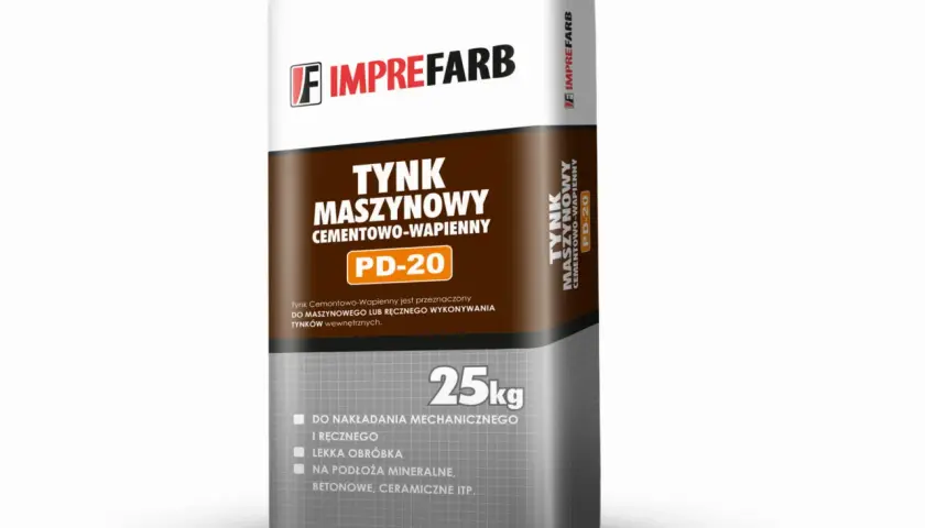 Worek tynku maszynowego cementowo-wapiennego Imprefarb PD-20 o wadze 25kg.