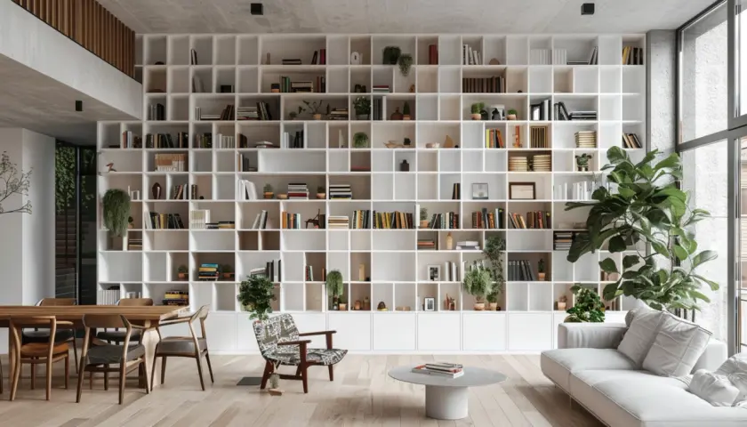 Aranżacja salonu z regałem: 10 inspiracji na wnętrze