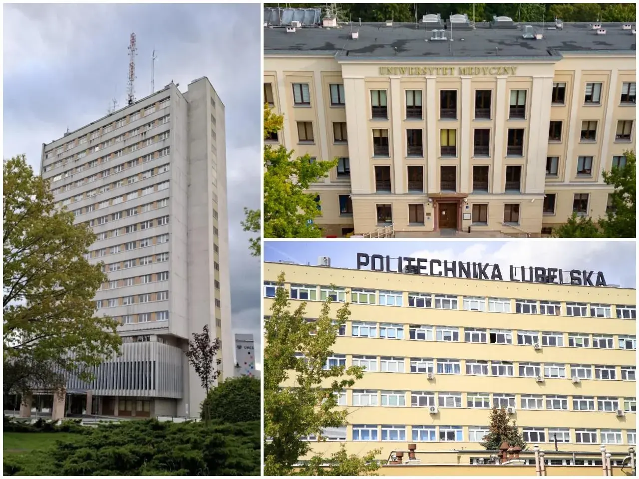 Trzy budynki uczelni w Lublinie: wysoki wieżowiec, Uniwersytet Medyczny i Politechnika Lubelska.